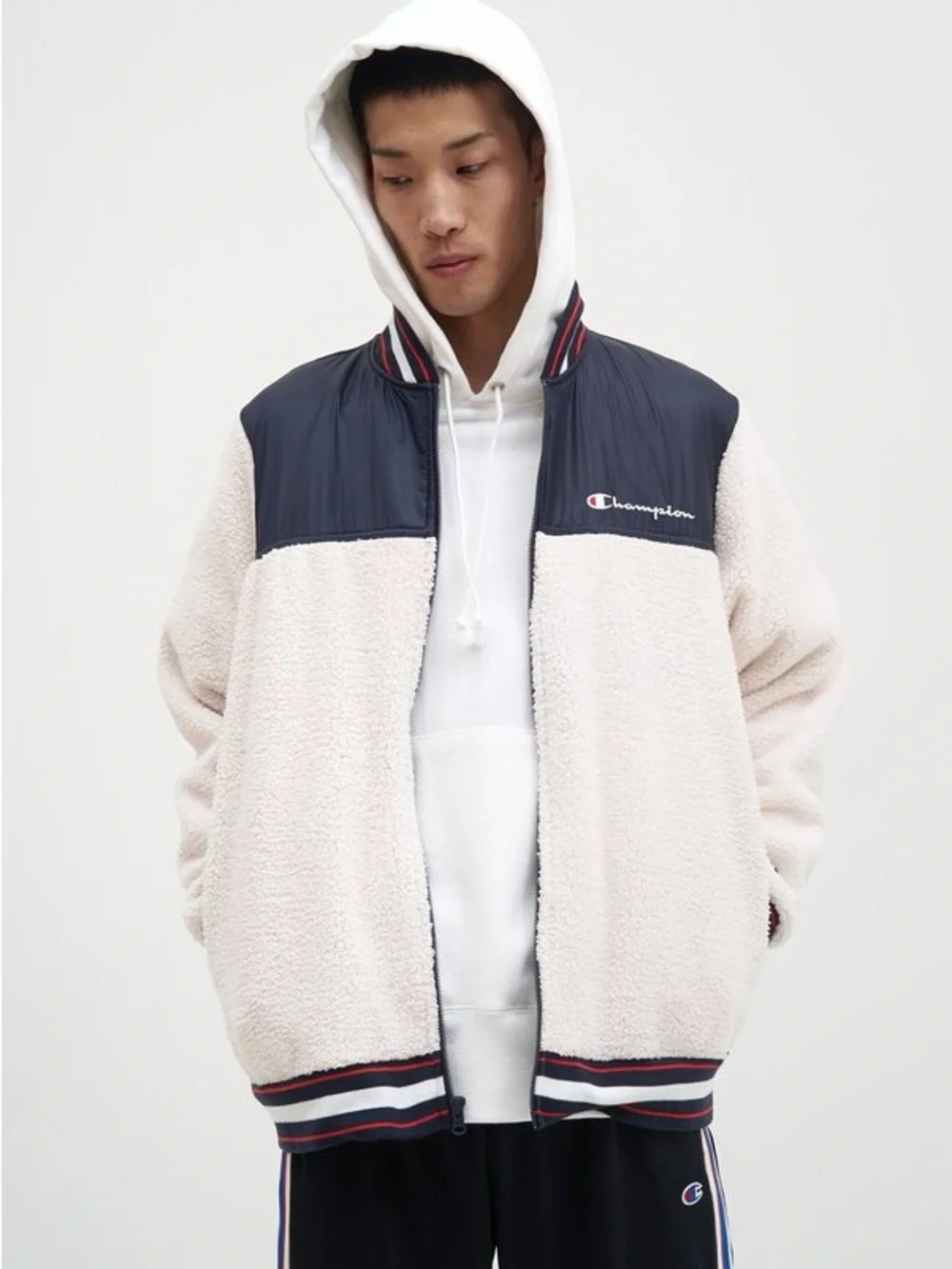 Champion Cream Sherpa Bomber Jacket with Navy Yoke - Picture 1 of 4